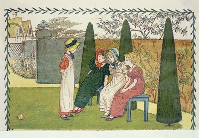 庭で、「子供の人生の一日」から 作： Kate Greenaway